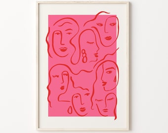 May include: A framed art print with a pink backdrop and red line drawings of faces. The artwork has a minimalist style, with different facial expressions and features. The text "// PLANETA 444 //" is at the bottom of the print.