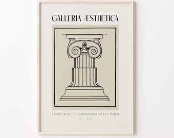 Galleria Aesthetica Exhibition Poster Greek Column Vintage Lithograph Drawing Art Print Ancient Ionic Column Wall Art Neutral Beige Artwork