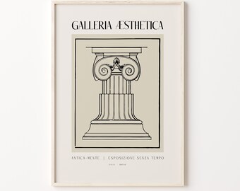 Galleria Aesthetica Exhibition Poster Greek Column Vintage Lithograph Drawing Art Print Ancient Ionic Column Wall Art Neutral Beige Artwork