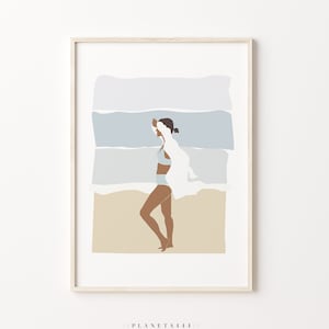 Cutout Beach Walk Art Print Tanned Girl Sea Wall Art Holidays White Shirt Style Poster Sand Blue Decor Woman Walking On Sandy Beach Art