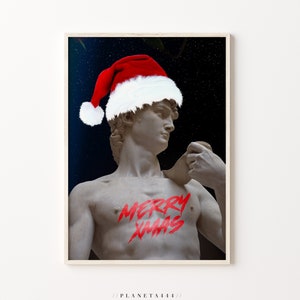 David Santa Hat Art Print Merry Xmas David Sculpture Wall Art Drôle Modifier Classique Statue Affiche David Christmas Night Happy Holidays Artwork