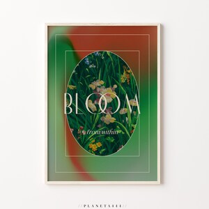 Pode incluir: Um fundo degradê verde e laranja com uma forma oval que contém uma ilustração floral. O texto "BLOOM from within" está centralizado no oval.