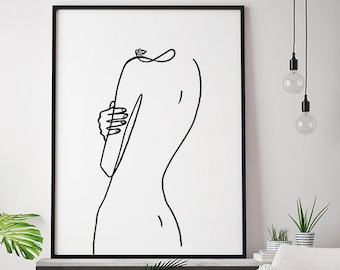 Lámina de arte lineal de figura femenina, lienzo minimalista para pared.