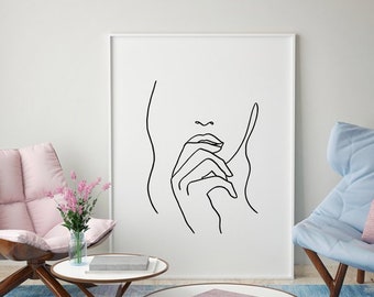 Lips Hand Hair Print, Beauty Poster, Canvas Art, Single Line Art, Feminine Print, Minimal Wall Art, Female Face, Woman Drawing, Sketch Print