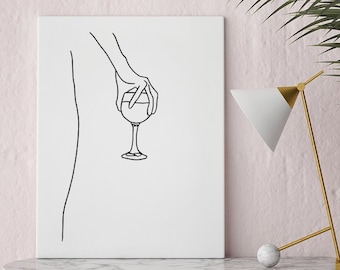 Minimalist Wine Art Print, Woman Line Drawing, Kitchen Wall Decor