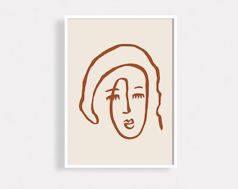 Line Art Girl Face Art Print Linear Woman Wall Art Modern Sketch Poster Line Drawing Minimal Art Mid Century Colors Terracotta Beige Art