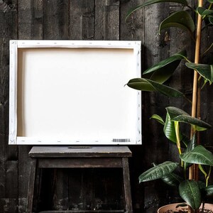 May include: A white canvas stretched over a wooden frame sits on a black wooden stool in front of a dark wood wall. A potted green plant with large leaves is on the right side of the image.