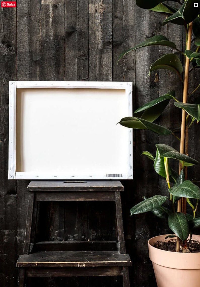May include: A white canvas stretched over a wooden frame sits on a black wooden stool in front of a dark wood wall. A potted green plant with large leaves is on the right side of the image.