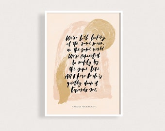 Murakami Love Moon Quote Art Print Abstract Modern Wall Art Author Quotes Art Poster Handlettered Typography Print Yellow Beige Blush Shapes