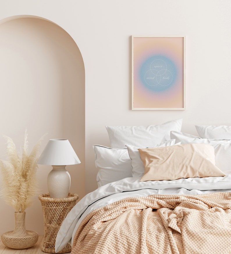 Konsttryck med sinne, kropp och själ, retro, kornig tonad väggkonst, pastellblå orange, psykedelisk sfärkonst, 70-90-tals-lo-fi-konst, välbefinnandeposter bild 2