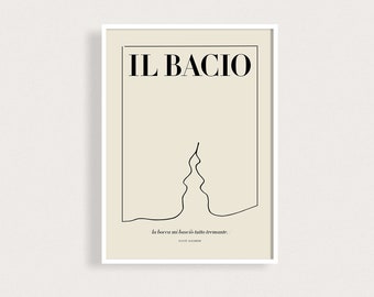 Il Bacio The Kiss Italian Language Art Print Dante Inferno Lovers Quote Wall Art Minimalist Beige Bedroom Decor Kissing Couple Line Artwork