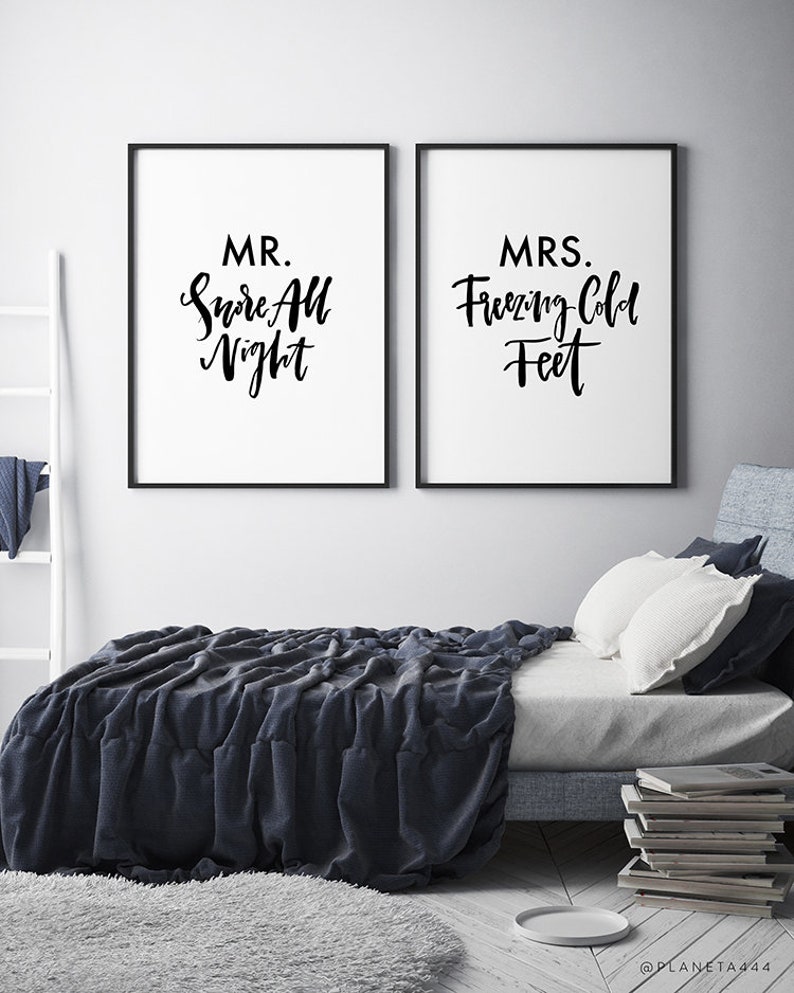 Mr Snore All Night Mrs Freezing Cold Feet Couple Love Bedroom Funny Cute Black White Quote Poster Prints Printable Wall Art Decor Artwork
