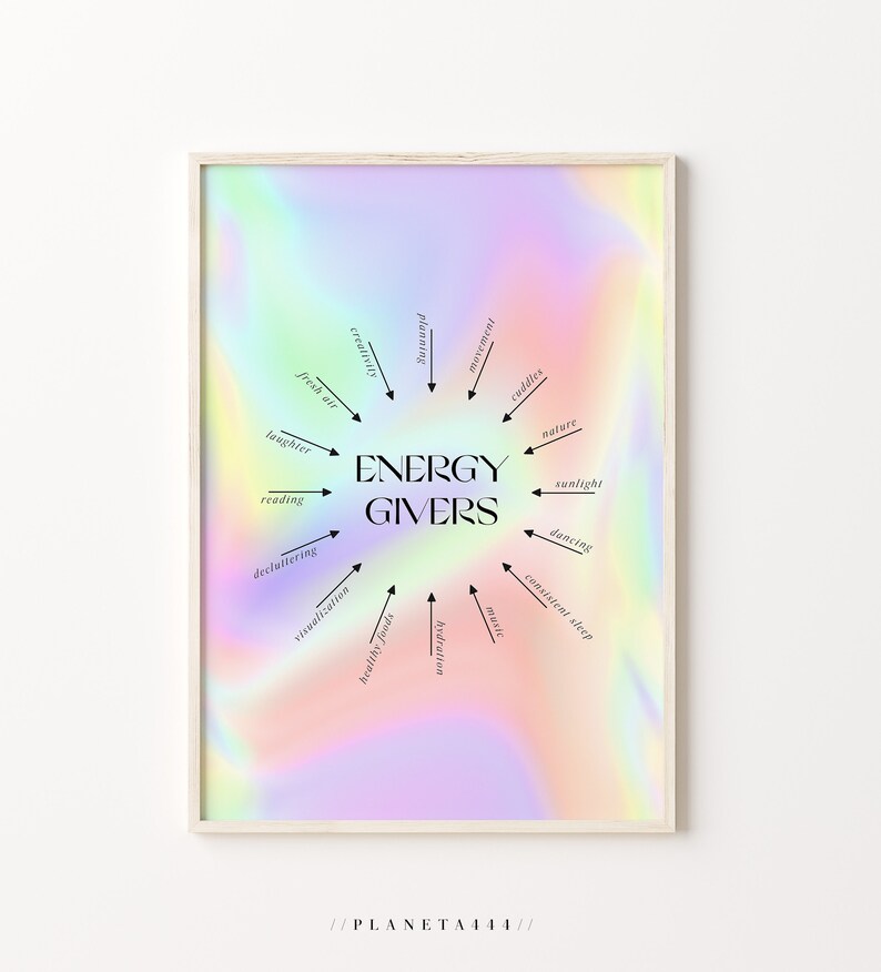 Puede incluir: Un p&oacute;ster colorido e iridiscente con un marco blanco. El p&oacute;ster presenta un c&iacute;rculo con las palabras "ENERGY GIVERS" en el centro. Alrededor de las palabras, las flechas apuntan hacia adentro con actividades que dan energ&iacute;a, como "aire fresco", "risa", "lectura", "desordenar", "visualizaci&oacute;n", "alimentos saludables", "hidrataci&oacute;n", "m&uacute;sica", "sue&ntilde;o consistente", "bailar", "luz solar", "naturaleza", "abrazos", "movimiento", "planificaci&oacute;n" y "creatividad".