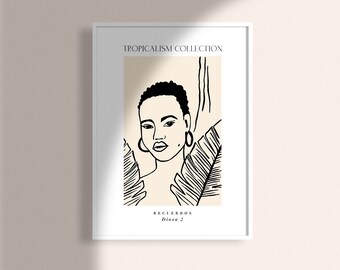 Tropicalism Collection Diosa 2 Black Beauty Art Print Female Face Portrait Wall Art Tropical Leaves Poster Black Woman Goddess Drawing Art