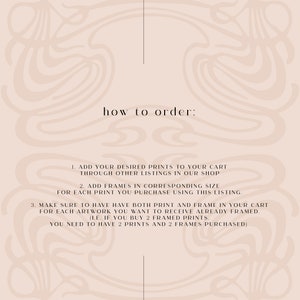Może przedstawiać: Beżowe tło z ozdobnym wzorem. Tekst "how to order:" znajduje się w g&oacute;rnej części obrazu. Tekst poniżej wyjaśnia, jak zamawiać wydruki i ramki w sklepie.