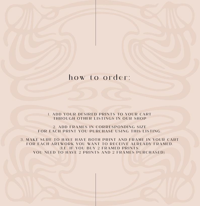 Może przedstawiać: Beżowe tło z ozdobnym wzorem. Tekst "how to order:" znajduje się w g&oacute;rnej części obrazu. Tekst poniżej wyjaśnia, jak zamawiać wydruki i ramki w sklepie.