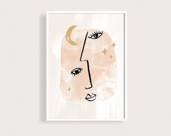 Abstract Double Profile Art Print Modern Faces Drawing Wall Art Couple Faces Line Sketch Portrait Print Moon Stars Mystical Minimalistic Art