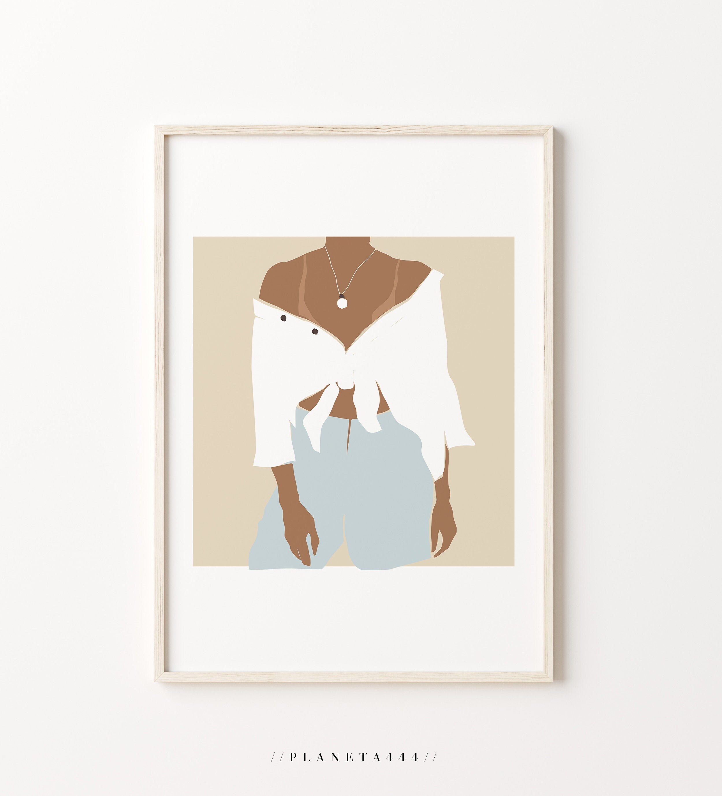 Cutout Summer Style Art Print Tanned Skin Woman Wall Art White Shirt Outfit Poster Minimalistic Style Art Print Beach Fashion Modern Decor
