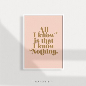 All I know Is That I Know Nothing Art Print, Plato Quote Wall Print, Blush Pink Decor, Modern Typography Poster, Inspiring Pink Wall Art