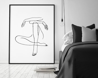 Lámina artística femenina lineal, boceto abstracto de desnudo, póster del cuerpo de la mujer