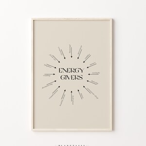 Puede incluir: Un p&oacute;ster beige imprimible con texto negro que dice "ENERGY GIVERS" en un c&iacute;rculo con flechas que apuntan a actividades que dan energ&iacute;a, como el aire fresco, la risa, la lectura, la limpieza, la visualizaci&oacute;n, los alimentos saludables, la hidrataci&oacute;n, la m&uacute;sica, el sue&ntilde;o constante, el baile, la luz del sol, la naturaleza, los abrazos, el movimiento, la planificaci&oacute;n y la creatividad.