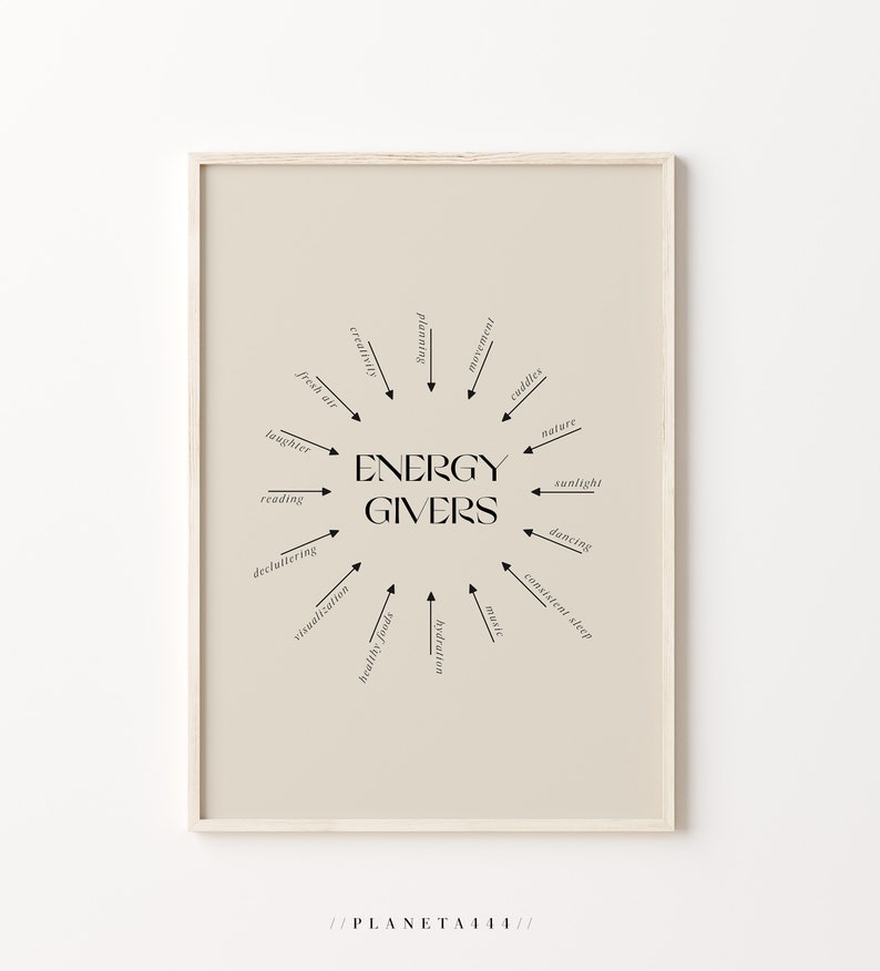 Puede incluir: Un p&oacute;ster beige imprimible con texto negro que dice "ENERGY GIVERS" en un c&iacute;rculo con flechas que apuntan a actividades que dan energ&iacute;a, como el aire fresco, la risa, la lectura, la limpieza, la visualizaci&oacute;n, los alimentos saludables, la hidrataci&oacute;n, la m&uacute;sica, el sue&ntilde;o constante, el baile, la luz del sol, la naturaleza, los abrazos, el movimiento, la planificaci&oacute;n y la creatividad.