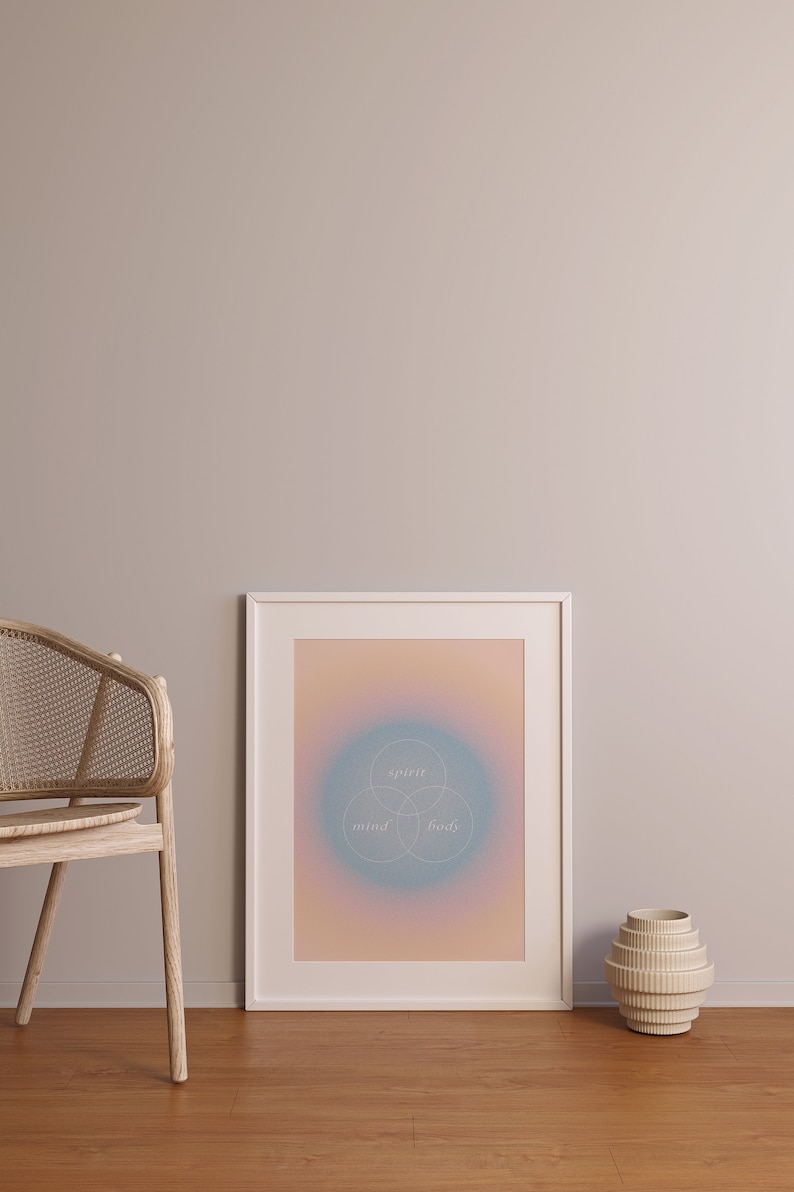 Konsttryck med sinne, kropp och själ, retro, kornig tonad väggkonst, pastellblå orange, psykedelisk sfärkonst, 70-90-tals-lo-fi-konst, välbefinnandeposter bild 4