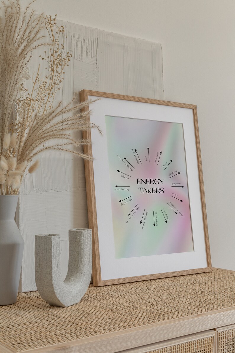 May include: A framed print with a rainbow gradient background and black text that reads "ENERGY TAKERS" in a circle with arrows pointing to words like "alcohol", "overthinking", "dehydration", "excess screen time", "people pleasing", "overworking", "inconsistent sleep", "stress", "judgement", "junk food", "worry", "secondary lifestyle", "social media".