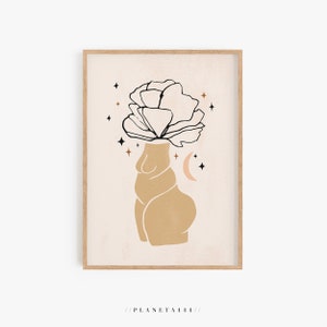 Curvy mujer pared arte cuerpo positivo arte impresión mujer en forma flor flor arte arte mujer cuerpo flor cabeza arte impresión moderna amarillo decoración
