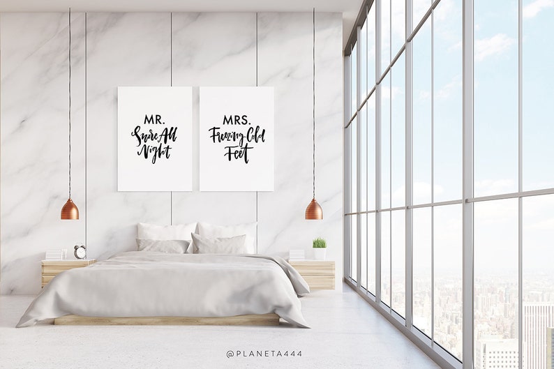 Mr Snore All Night Mrs Freezing Cold Feet Couple Love Bedroom Funny Cute Black White Quote Poster Prints Printable Wall Art Decor Artwork