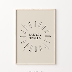 May include: A beige printable poster with black text that reads "ENERGY TAKERS" in a circle with arrows pointing to various energy-draining activities, such as "junk food", "overthinking", "negativity", and "inconsistent sleep".