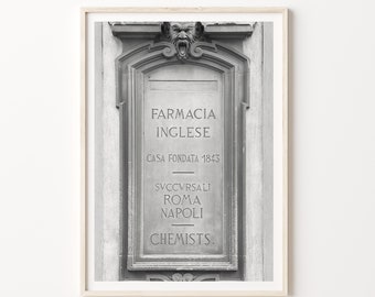 Italy Florence Streets Wall Print Vintage Farmacia Relief Wall Art Old Town Buildings Photographic Print Black White Retro Style Art Poster