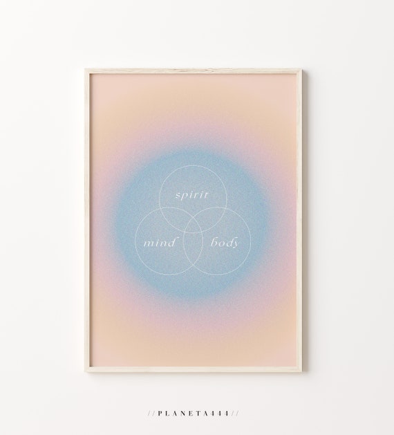 Mind Body Spirit Art Print Retro Grainy Gradient Wall Art Pastel Blue Orange Psychedelic Orb Artwork 70s 90s Lo Fi Art Wellbeing Poster
