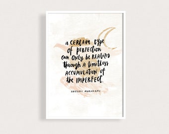 Murakami Perfection Quote Art Print Abstract Modern Wall Art Author Quotes Art Poster Handlettered Typography Print Moon Yellow Beige Blush