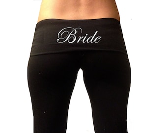 Bride Yoga Pants . High Quality Women's Bride Yoga Pants. Bride Black Fold Over Yoga Pants . Custom Bridal Yoga Pants . Bride Sweatpants