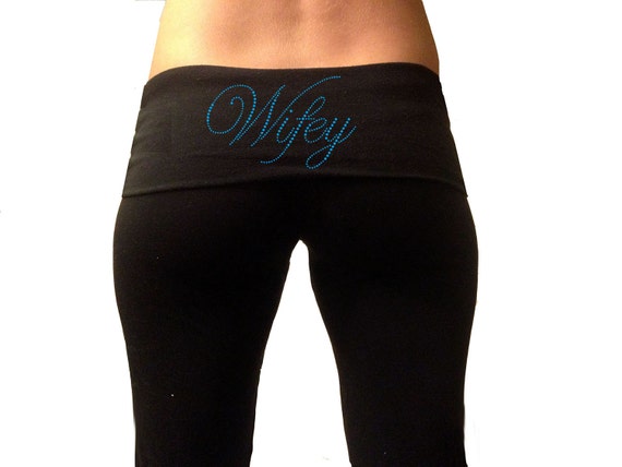 Custom Wifey Black Fold Over Yoga Pants With Blue Rhinestones . Custom  Bridal Yoga Pants . Custom Wifey Yoga Pants . Wifey Yoga Pants . 