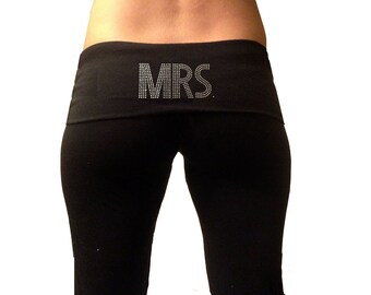 Custom Mrs. Black Fold Over Yoga Pants . Bride Pants .  White Bride Yoga Pants . Bride Sweatpants . Honeymoon Attire