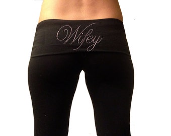 Custom Wifey Black Fold Over Yoga Pants with Pink Rhinestones . Custom Bridal Yoga Pants . Custom Wifey Yoga Pants . Wifey Yoga Pants .