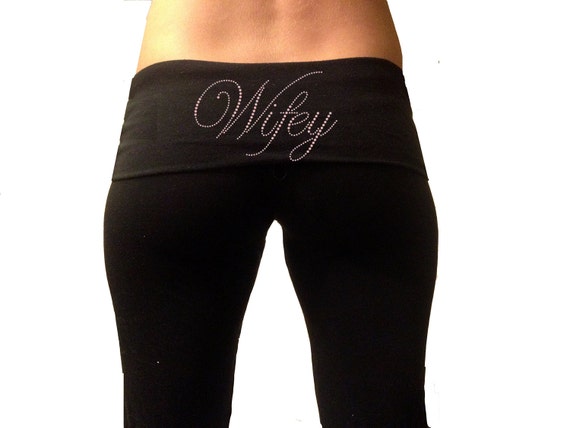 Custom Wifey Black Fold Over Yoga Pants With Pink Rhinestones . Custom  Bridal Yoga Pants . Custom Wifey Yoga Pants . Wifey Yoga Pants . 