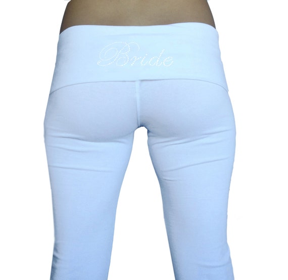 Bride Pants. Custom Bride Fold Over Yoga Pants . White Bride Yoga Pants .  Bride Sweatpants . Honeymoon Attire 