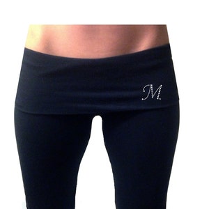 Black Fold Over Yoga Pants with Monogram Initial . Monogrammed Yoga Pants . Bridesmaid Gift . Maid of Honor Gift . Matron of Honor Gift .