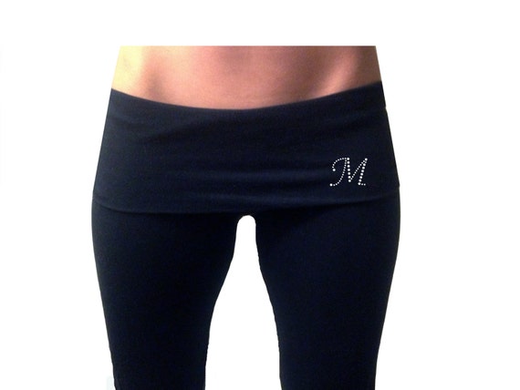 Black Fold Over Yoga Pants With Monogram Initial . Monogrammed Yoga Pants .  Bridesmaid Gift . Maid of Honor Gift . Matron of Honor Gift . 