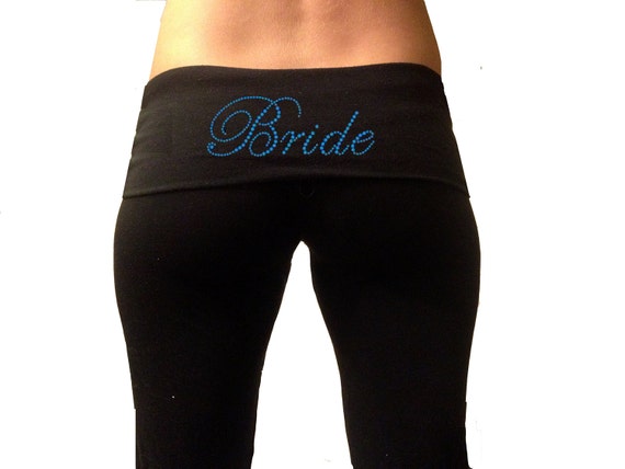 Custom Bride Black Fold Over Yoga Pants With Blue Rhinestones