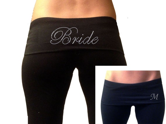 Custom Bride Black Fold Over Yoga Pants With Monogram Initial . Bride  Sweatpants . Bride Yoga Pants . Bride Gift 