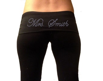 Personalized Mrs. Last Name Yoga Pants . Custom Mrs. Last Name Fold Over Yoga Pants . Script Mrs. Last Name . Bride Gift . Honeymoon