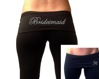 Bridesmaid Yoga Pants . Custom Bridesmaids Black Fold Over Yoga Pants with Monogram Initial .  Bridesmaids Sweatpants .  Bridesmaids Gift