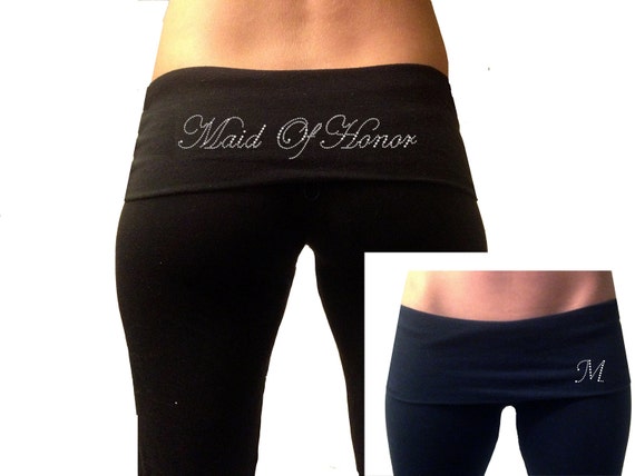 Custom Maid of Honor Black Fold Over Yoga Pants With Monogram Initial .  Maid of Honor Yoga Pants . Maid of Honor Gift 