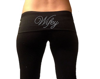 Wifey Yoga Pants . Custom Wifey Black Fold Over Yoga Pants . Bridal Yoga Pants . Wifey Sweatpants .  Gift for Wife . Honeymoon Apparel