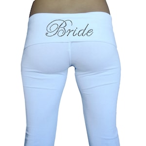 Bride Pants.  Custom Bride Fold Over Yoga Pants .  White Bride Yoga Pants . Bride Sweatpants . Honeymoon Attire