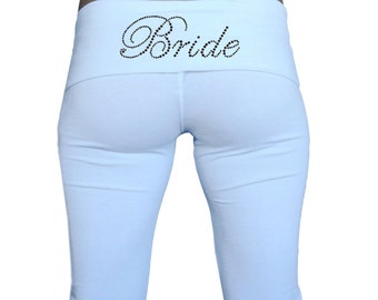 Bride Pants.  Custom Bride Fold Over Yoga Pants .  White Bride Yoga Pants . Bride Sweatpants . Honeymoon Attire